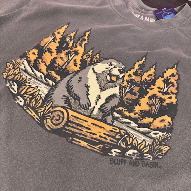 Faded green sweatshirt with woodchuck graphic on a log in a forest design, featuring 'Bluff and Basin' branding.