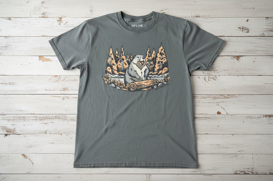 Faded green t-shirt groundhog graphic in the woods